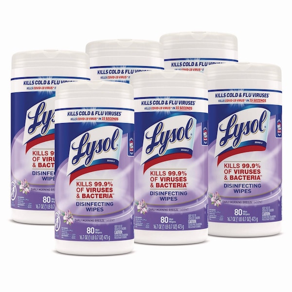 Lysol Disinfecting Wipes, 1-Ply, 7 x 7.25, Early Morning Breeze, White, 80 Wipes/Canister, 6PK 19200-89347 - main